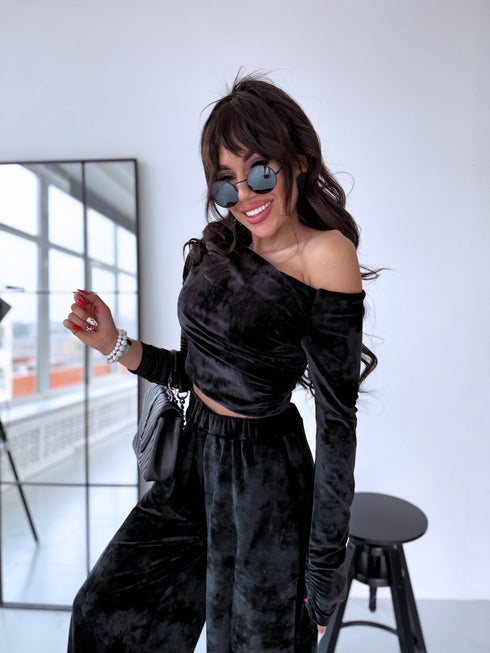 Velvet set top + pants "PINECONE" - BLACK